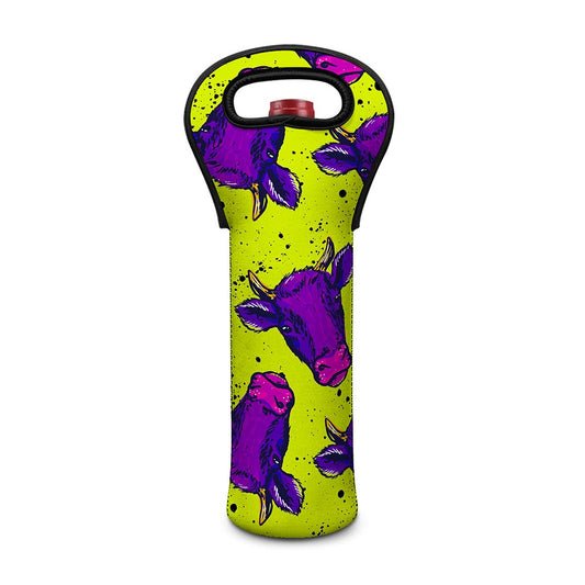 Lime Green And Purple Cow Pattern Print Single Neoprene Wine Tote
