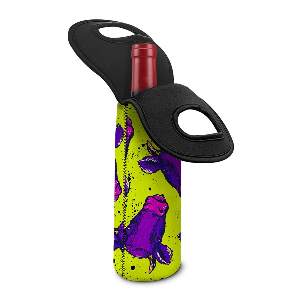 Lime Green And Purple Cow Pattern Print Single Neoprene Wine Tote