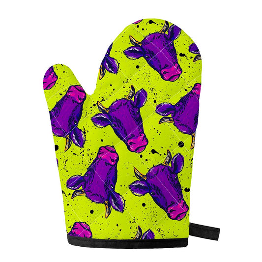 Lime Green And Purple Cow Pattern Print Single Oven Mitt