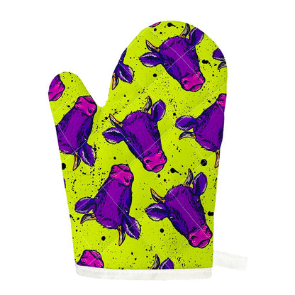 Lime Green And Purple Cow Pattern Print Single Oven Mitt