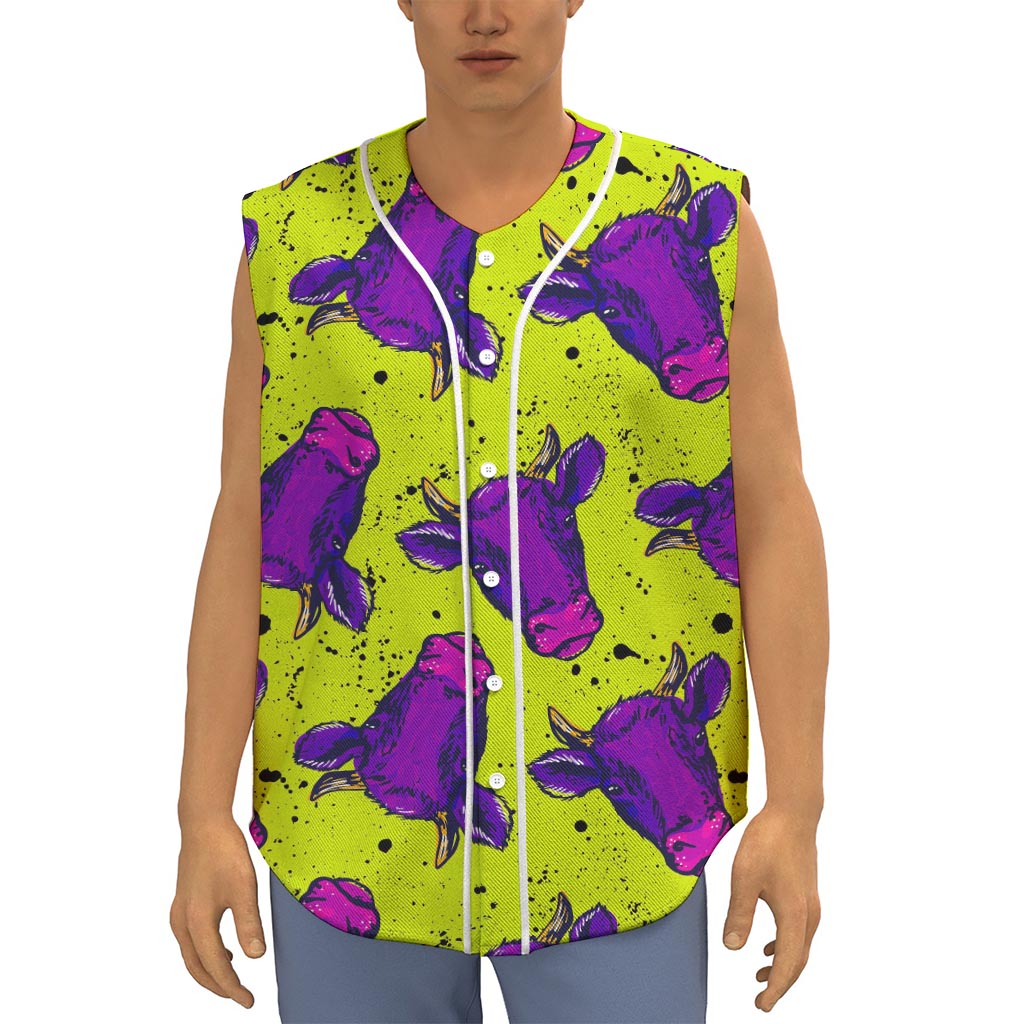 Lime Green And Purple Cow Pattern Print Sleeveless Baseball Jersey
