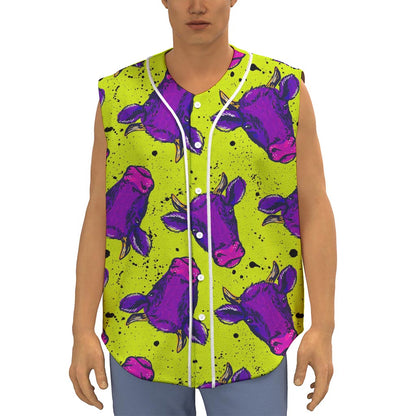 Lime Green And Purple Cow Pattern Print Sleeveless Baseball Jersey