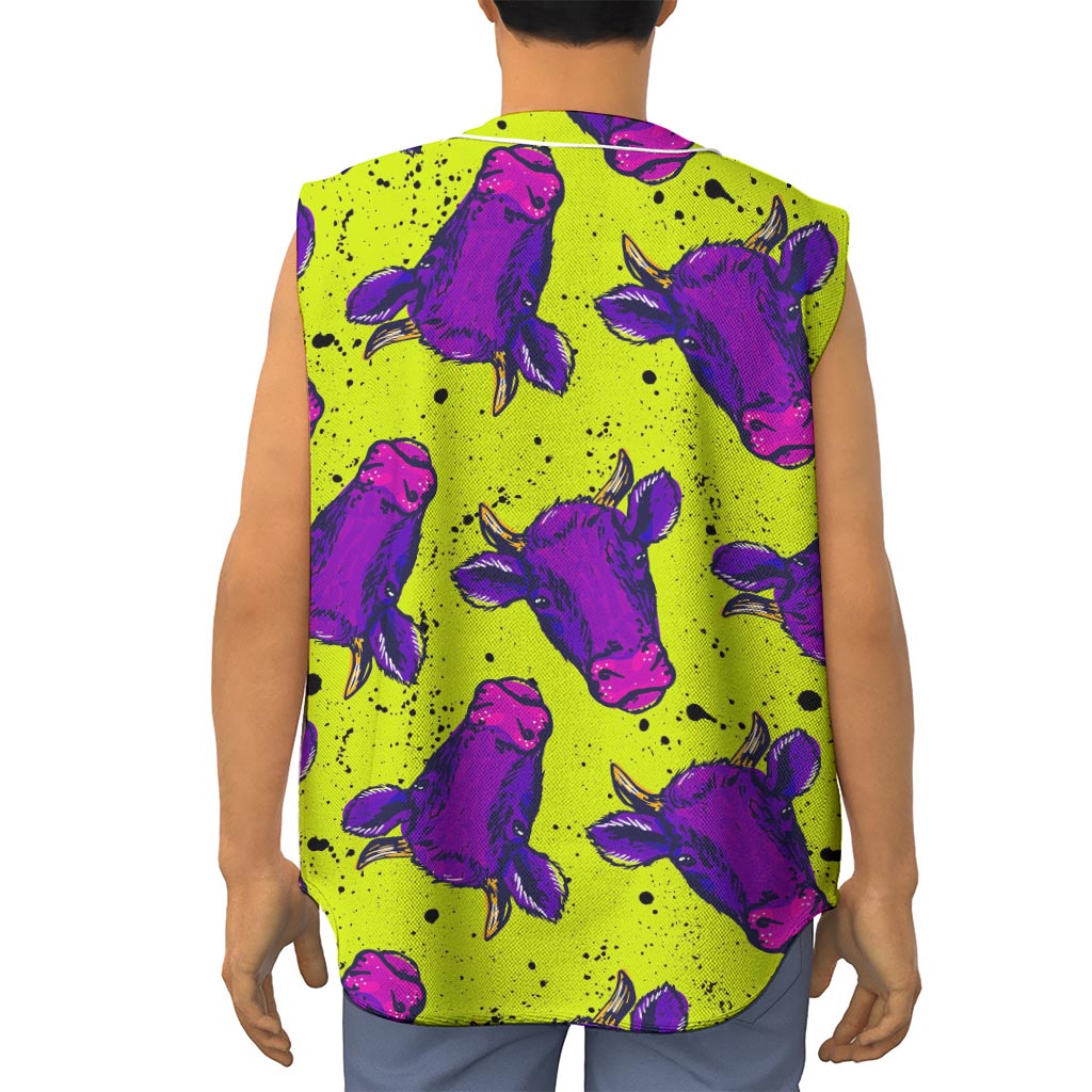 Lime Green And Purple Cow Pattern Print Sleeveless Baseball Jersey