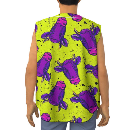 Lime Green And Purple Cow Pattern Print Sleeveless Baseball Jersey