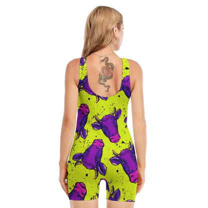 Lime Green And Purple Cow Pattern Print Sleeveless One Piece Swimsuit