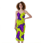 Lime Green And Purple Cow Pattern Print Slim Fit Midi Cami Dress