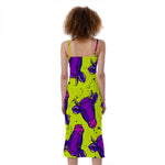 Lime Green And Purple Cow Pattern Print Slim Fit Midi Cami Dress