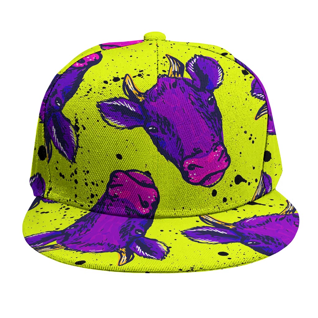 Lime Green And Purple Cow Pattern Print Snapback Cap