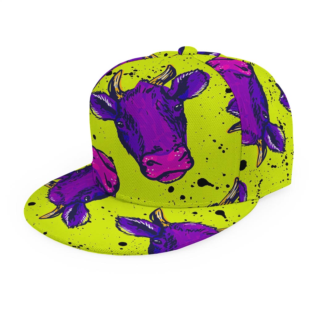 Lime Green And Purple Cow Pattern Print Snapback Cap