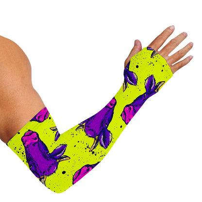 Lime Green And Purple Cow Pattern Print Sun Protection Arm Sleeves