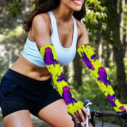 Lime Green And Purple Cow Pattern Print Sun Protection Arm Sleeves