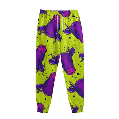 Lime Green And Purple Cow Pattern Print Sweatpants