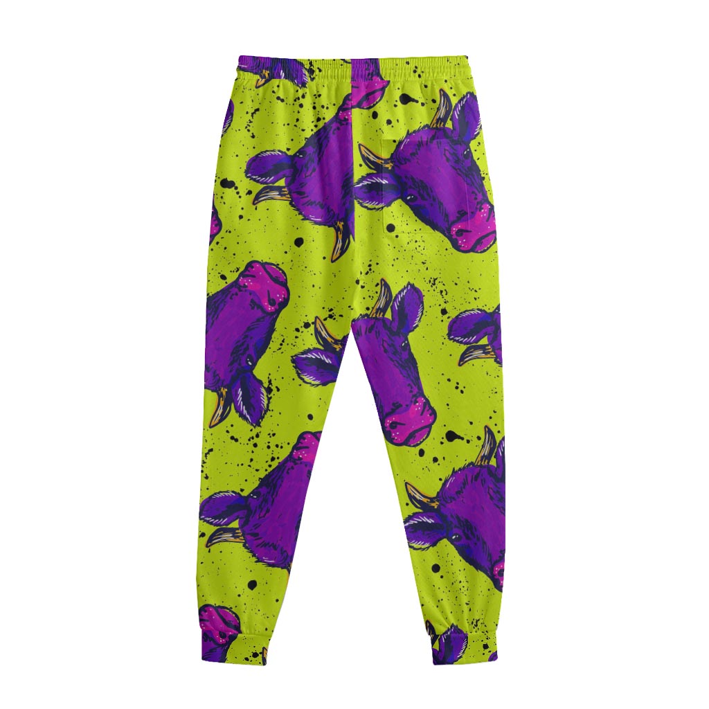 Lime Green And Purple Cow Pattern Print Sweatpants