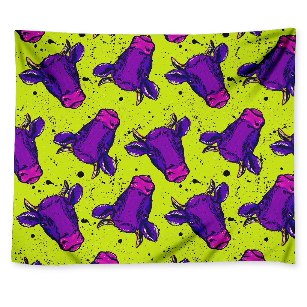 Lime Green And Purple Cow Pattern Print Tapestry