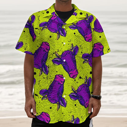 Lime Green And Purple Cow Pattern Print Textured Short Sleeve Shirt