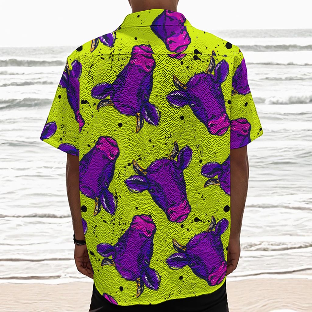 Lime Green And Purple Cow Pattern Print Textured Short Sleeve Shirt