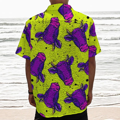 Lime Green And Purple Cow Pattern Print Textured Short Sleeve Shirt