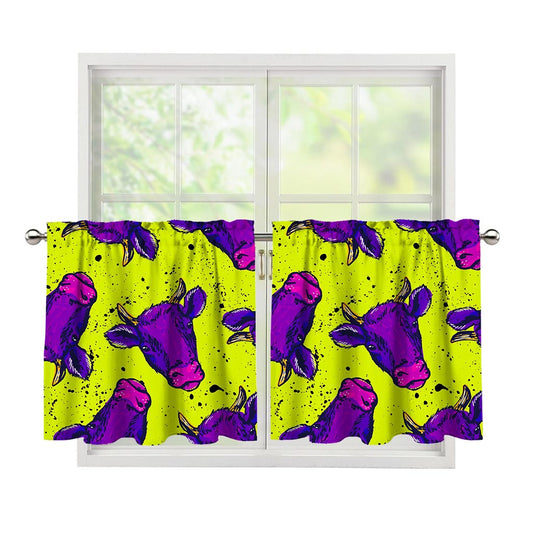 Lime Green And Purple Cow Pattern Print Tier Curtains