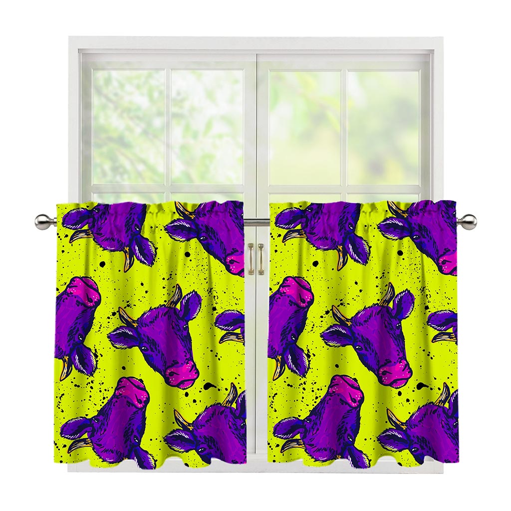 Lime Green And Purple Cow Pattern Print Tier Curtains