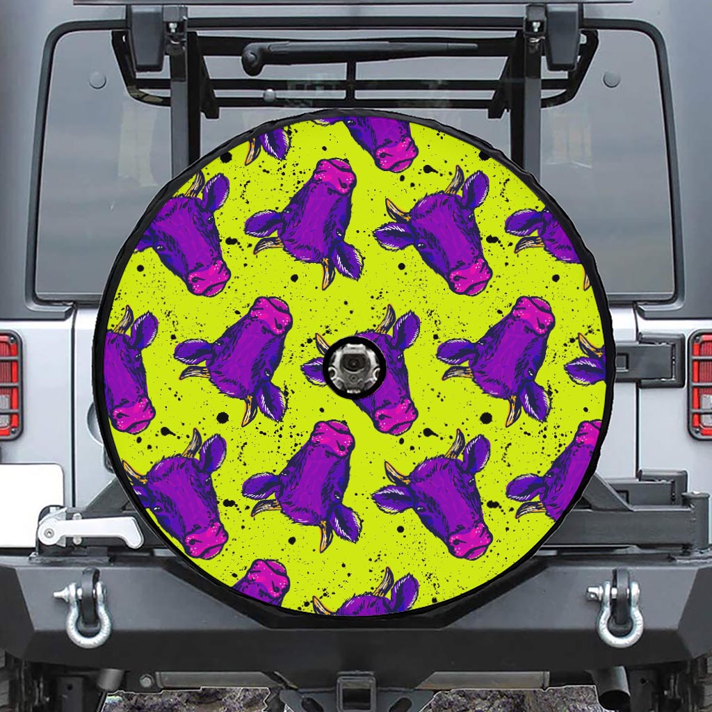 Lime Green And Purple Cow Pattern Print Tire Cover With Camera Hole