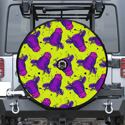 Lime Green And Purple Cow Pattern Print Tire Cover With Camera Hole