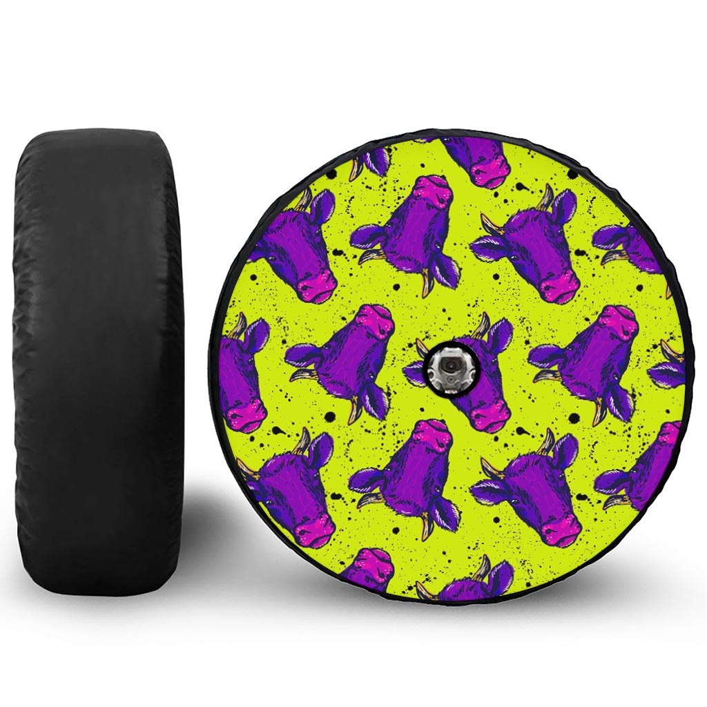Lime Green And Purple Cow Pattern Print Tire Cover With Camera Hole