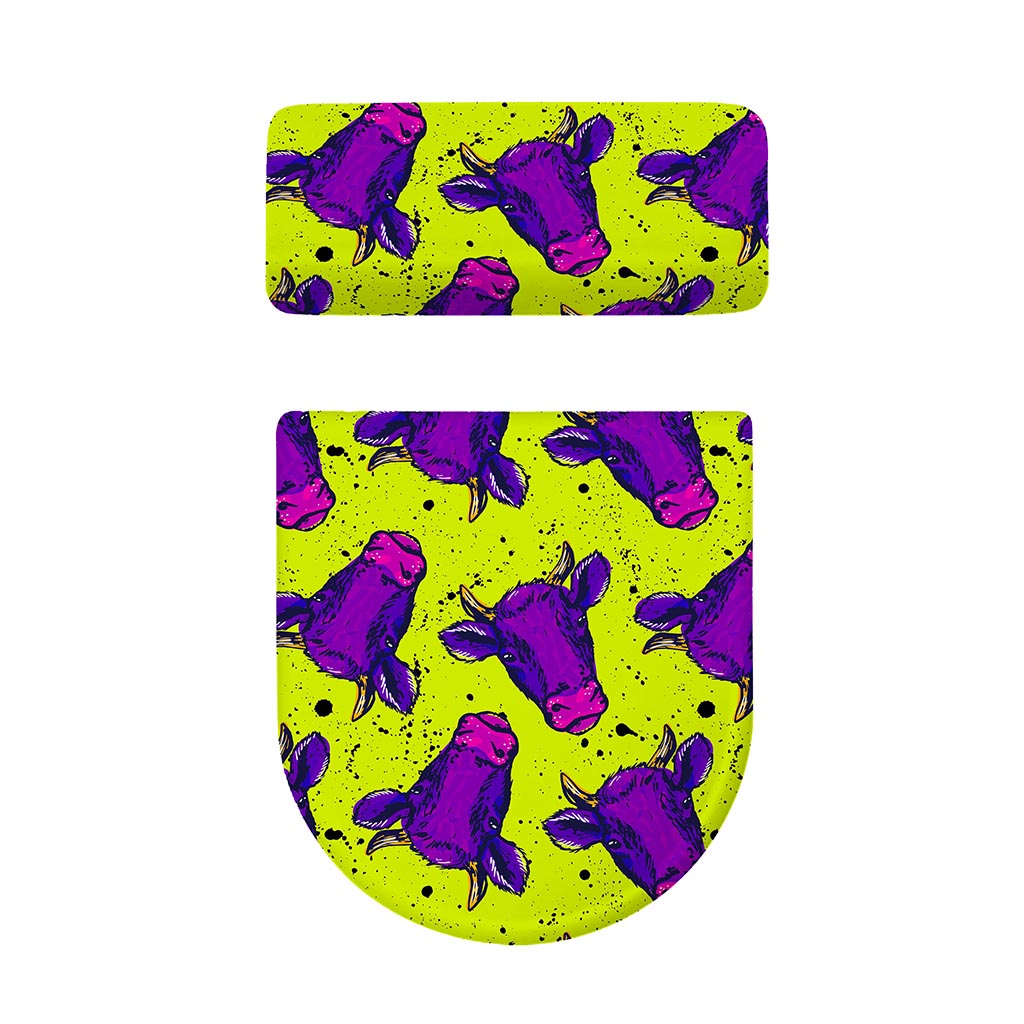 Lime Green And Purple Cow Pattern Print Toilet Lid And Tank Cover Set