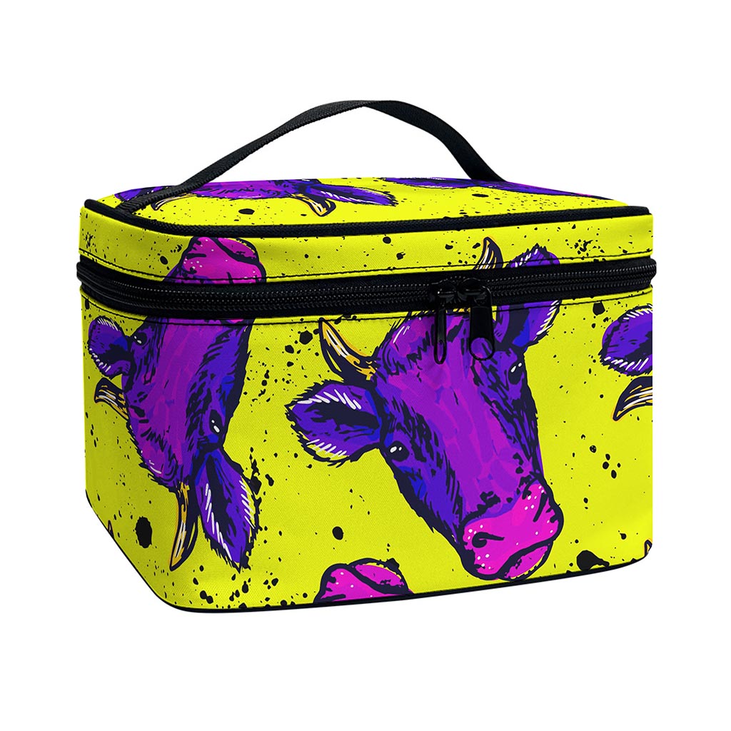 Lime Green And Purple Cow Pattern Print Travel Makeup Bag