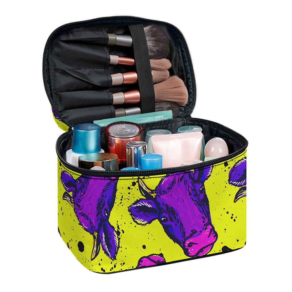 Lime Green And Purple Cow Pattern Print Travel Makeup Bag
