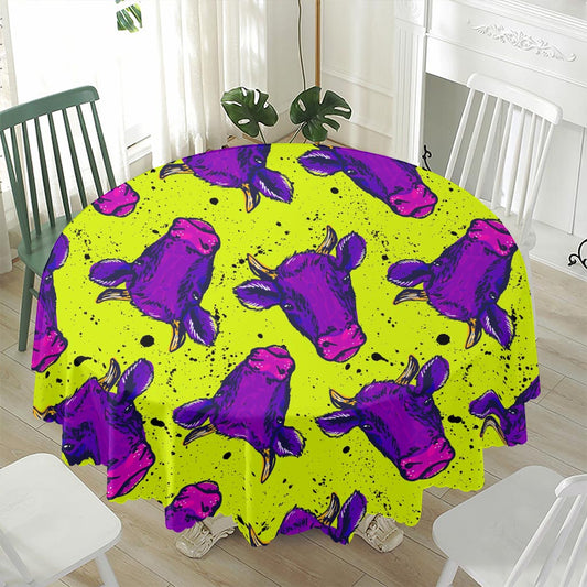 Lime Green And Purple Cow Pattern Print Waterproof Round Tablecloth