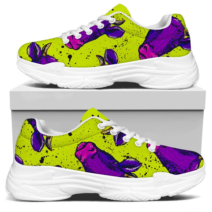 Lime Green And Purple Cow Pattern Print White Chunky Shoes