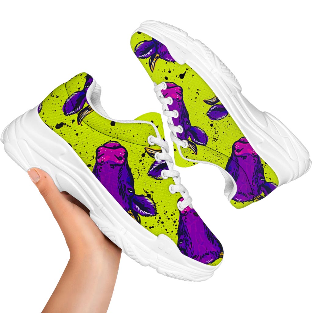 Lime Green And Purple Cow Pattern Print White Chunky Shoes