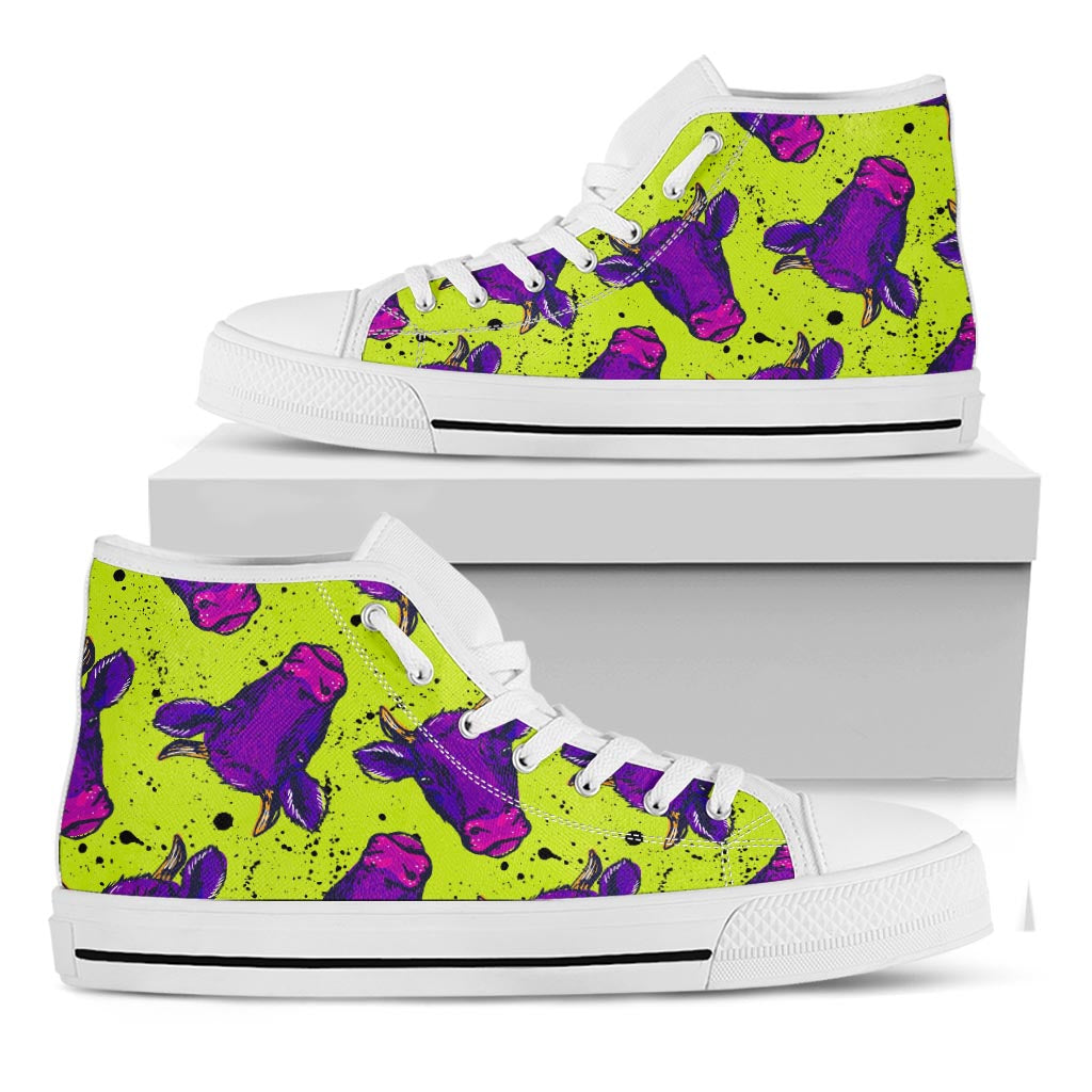 Lime Green And Purple Cow Pattern Print White High Top Sneakers