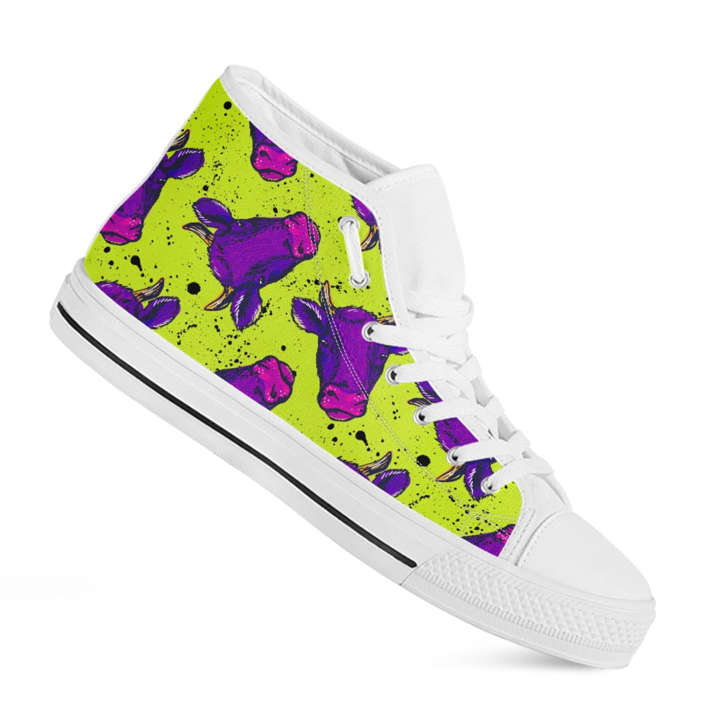 Lime Green And Purple Cow Pattern Print White High Top Sneakers