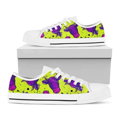 Lime Green And Purple Cow Pattern Print White Low Top Sneakers