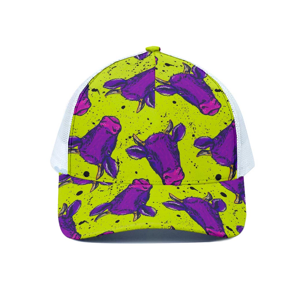 Lime Green And Purple Cow Pattern Print White Mesh Trucker Cap