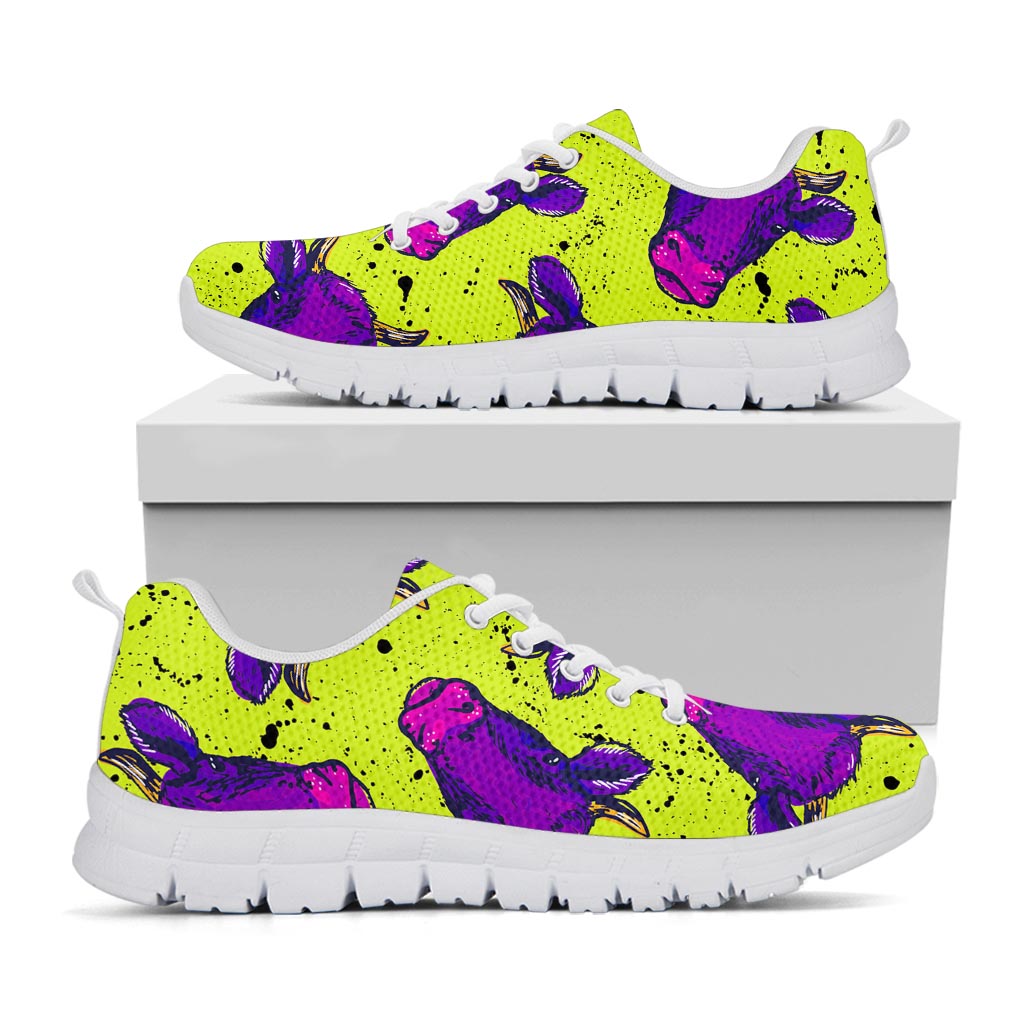Lime Green And Purple Cow Pattern Print White Running Shoes