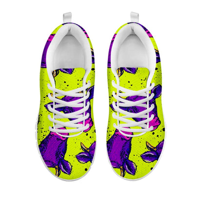 Lime Green And Purple Cow Pattern Print White Running Shoes