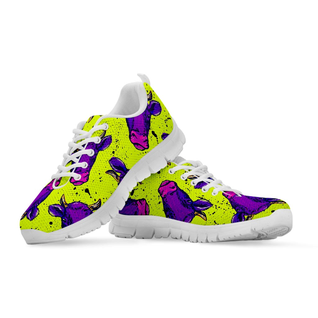 Lime Green And Purple Cow Pattern Print White Running Shoes