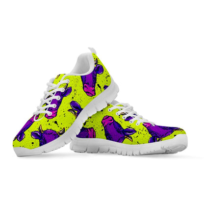 Lime Green And Purple Cow Pattern Print White Running Shoes