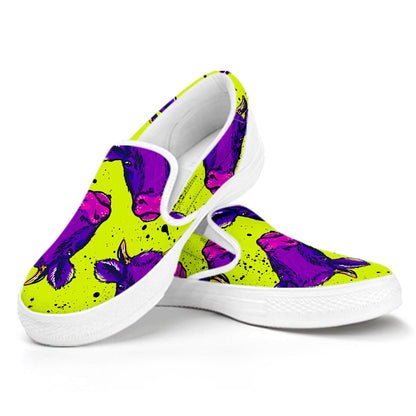 Lime Green And Purple Cow Pattern Print White Slip On Sneakers