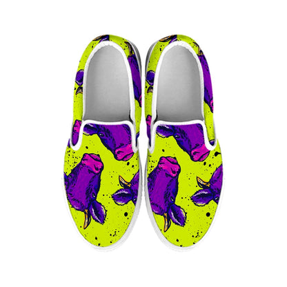 Lime Green And Purple Cow Pattern Print White Slip On Sneakers