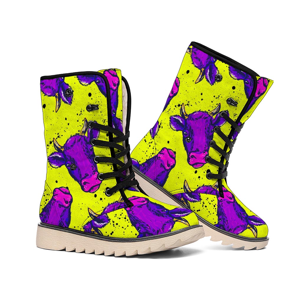 Lime Green And Purple Cow Pattern Print Winter Boots