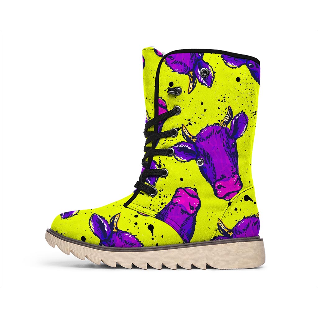 Lime Green And Purple Cow Pattern Print Winter Boots