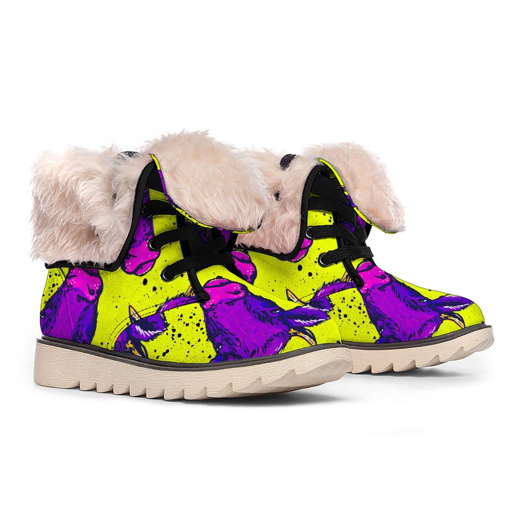 Lime Green And Purple Cow Pattern Print Winter Boots