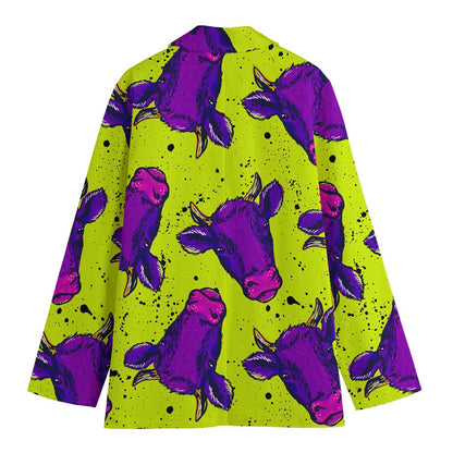 Lime Green And Purple Cow Pattern Print Women's Blazer