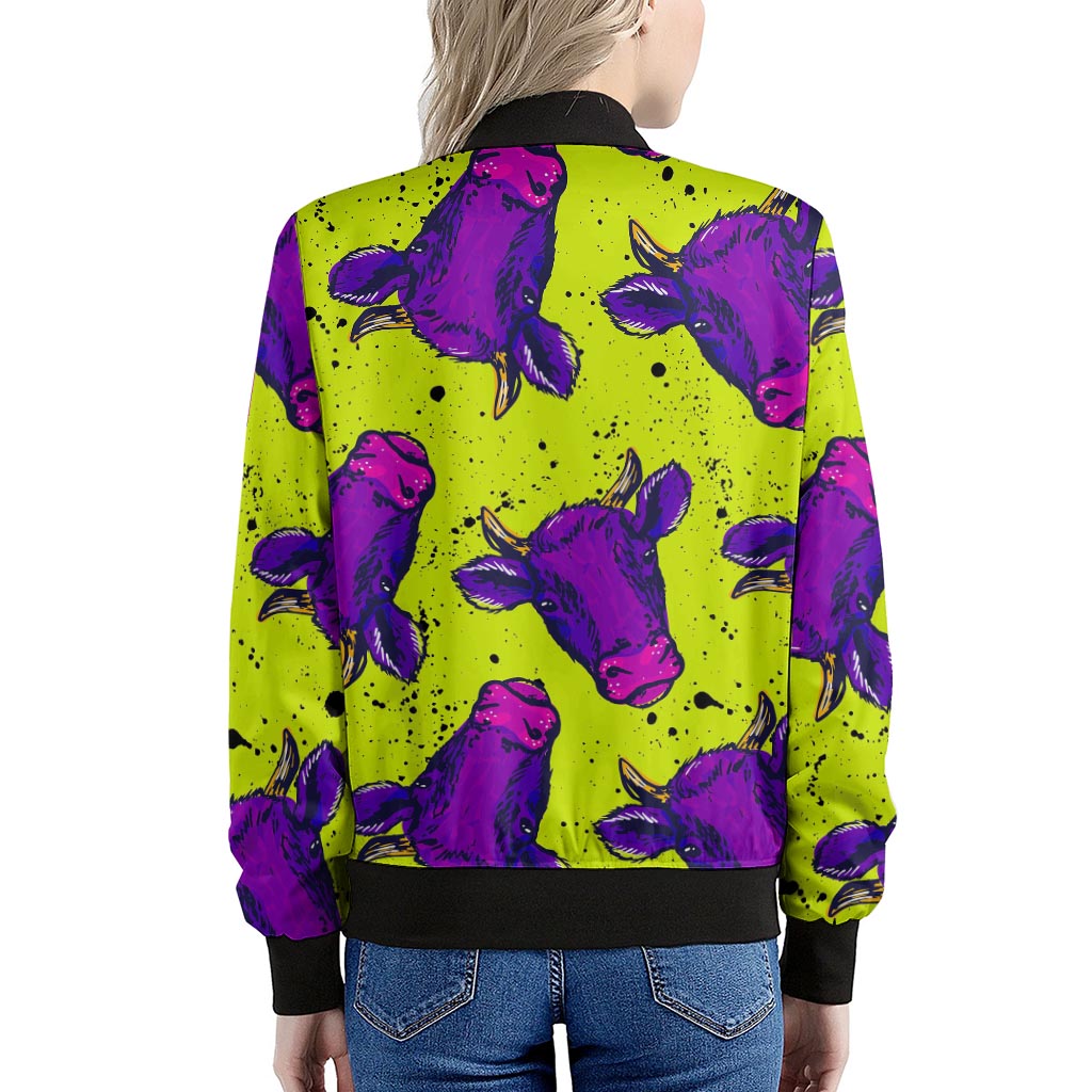 Lime Green And Purple Cow Pattern Print Women's Bomber Jacket