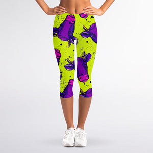 Lime Green And Purple Cow Pattern Print Women's Capri Leggings