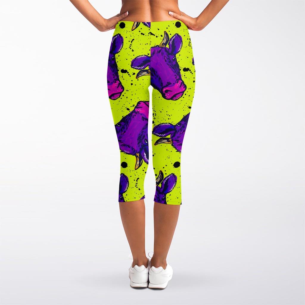 Lime Green And Purple Cow Pattern Print Women's Capri Leggings