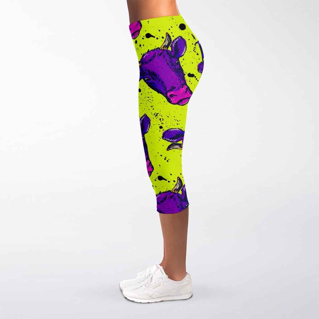 Lime Green And Purple Cow Pattern Print Women's Capri Leggings